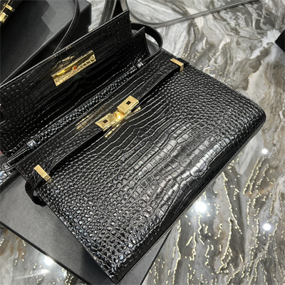 Y.S.L MANHATTAN Shoulder Bag In Black Shinny Crocodile Embossed Leather Gold Tone Metal