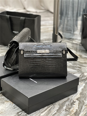 Y.S.L MANHATTAN Shoulder Bag In Black Shinny Crocodile Embossed Leather Silver Tone Metal