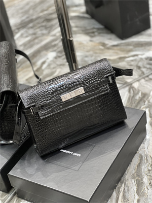 Y.S.L MANHATTAN Shoulder Bag In Black Shinny Crocodile Embossed Leather Silver Tone Metal