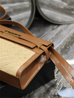 Y.S.L MANHATTAN Shoulder Bag In Raffia and Brown Smooth Leather