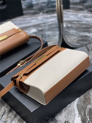 Y.S.L MANHATTAN Shoulder Bag In Cotton Canvas and Brown Smooth Leather