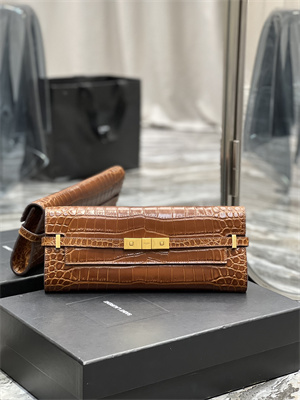 Y.S.L MANHATTAN CLUTCH In Shinny Crocodile Embossed Leather Brown Color