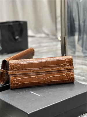 Y.S.L MANHATTAN CLUTCH In Shinny Crocodile Embossed Leather Brown Color