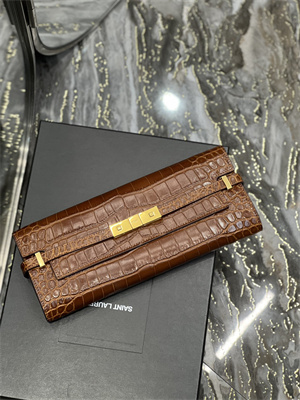 Y.S.L MANHATTAN CLUTCH In Shinny Crocodile Embossed Leather Brown Color