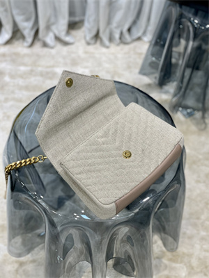 Y.S.L COLLEGE MEDIUM BAG IN QUILTED COTTON and LINEN Gold Tone Metal Beige Color