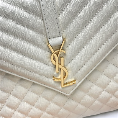 Y.S.L ENVELOPE LARGE IN QUILTED GRAIN DE POUDRE EMBOSSED LEATHER Gold Tone Metal White Color