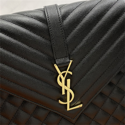 Y.S.L ENVELOPE LARGE IN QUILTED GRAIN DE POUDRE EMBOSSED LEATHER Gold Tone Metal Black Color