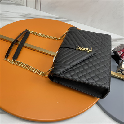 Y.S.L ENVELOPE LARGE IN QUILTED GRAIN DE POUDRE EMBOSSED LEATHER Gold Tone Metal Black Color