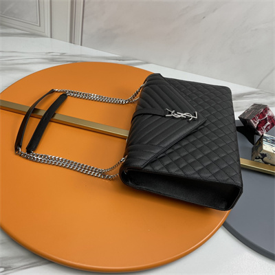 Y.S.L ENVELOPE LARGE IN QUILTED GRAIN DE POUDRE EMBOSSED LEATHER Silver Tone Metal Black Color