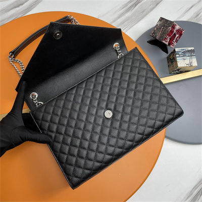 Y.S.L ENVELOPE LARGE IN QUILTED GRAIN DE POUDRE EMBOSSED LEATHER Silver Tone Metal Black Color