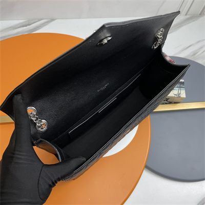 Y.S.L ENVELOPE LARGE IN QUILTED GRAIN DE POUDRE EMBOSSED LEATHER Silver Tone Metal Black Color