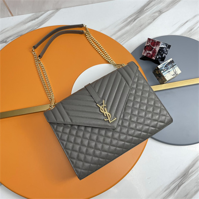 Y.S.L ENVELOPE LARGE IN QUILTED GRAIN DE POUDRE EMBOSSED LEATHER Gold Tone Metal Dk Grey Color