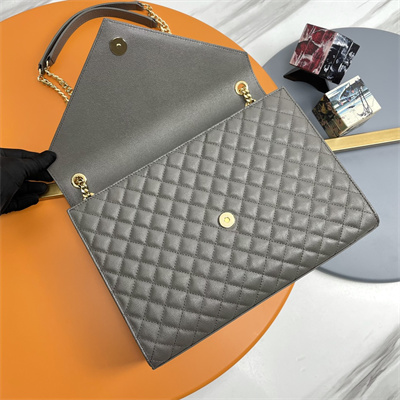 Y.S.L ENVELOPE LARGE IN QUILTED GRAIN DE POUDRE EMBOSSED LEATHER Gold Tone Metal Dk Grey Color