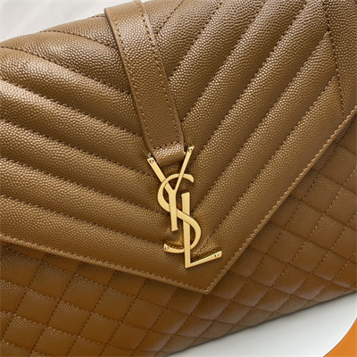 Y.S.L ENVELOPE LARGE IN QUILTED GRAIN DE POUDRE EMBOSSED LEATHER Gold Tone Metal Caramel Color