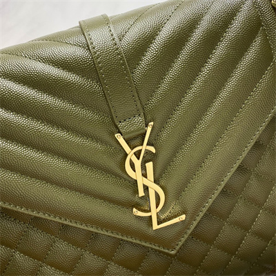 Y.S.L ENVELOPE LARGE IN QUILTED GRAIN DE POUDRE EMBOSSED LEATHER Gold Tone Metal Dk Green Color