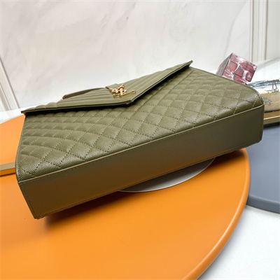Y.S.L ENVELOPE LARGE IN QUILTED GRAIN DE POUDRE EMBOSSED LEATHER Gold Tone Metal Dk Green Color