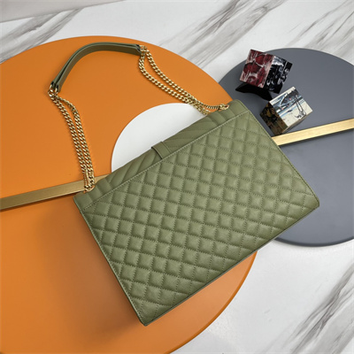 Y.S.L ENVELOPE LARGE IN QUILTED GRAIN DE POUDRE EMBOSSED LEATHER Gold Tone Metal Green Color
