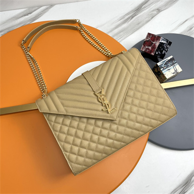 Y.S.L ENVELOPE LARGE IN QUILTED GRAIN DE POUDRE EMBOSSED LEATHER Gold Tone Metal Beige Color
