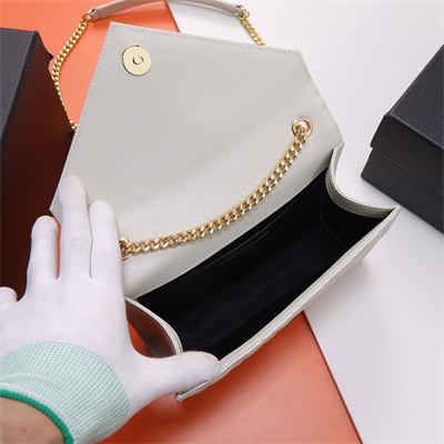 Y.S.L ENVELOPE SMALL IN QUILTED GRAIN DE POUDRE EMBOSSED LEATHER Gold Tone Metal White Color