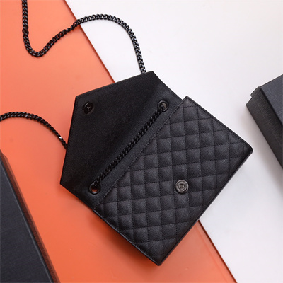 Y.S.L ENVELOPE SMALL IN QUILTED GRAIN DE POUDRE EMBOSSED LEATHER Black Tone Metal Black Color