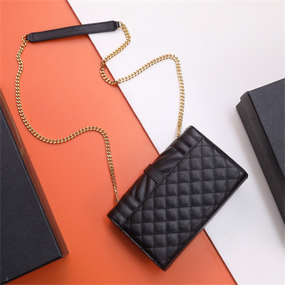 Y.S.L ENVELOPE SMALL IN QUILTED GRAIN DE POUDRE EMBOSSED LEATHER Gold Tone Metal Black Color