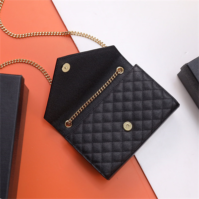 Y.S.L ENVELOPE SMALL IN QUILTED GRAIN DE POUDRE EMBOSSED LEATHER Gold Tone Metal Black Color