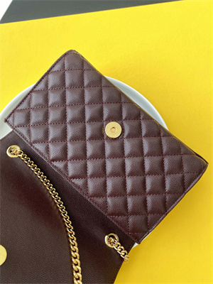 Y.S.L ENVELOPE SMALL IN QUILTED GRAIN DE POUDRE EMBOSSED LEATHER Gold Tone Metal Burgundy Color