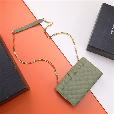 Y.S.L ENVELOPE SMALL IN QUILTED GRAIN DE POUDRE EMBOSSED LEATHER Gold Tone Metal Green Color