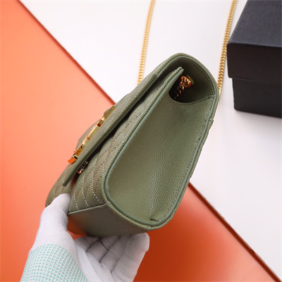 Y.S.L ENVELOPE SMALL IN QUILTED GRAIN DE POUDRE EMBOSSED LEATHER Gold Tone Metal Green Color