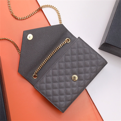 Y.S.L ENVELOPE SMALL IN QUILTED GRAIN DE POUDRE EMBOSSED LEATHER Gold Tone Metal Dk Grey Color