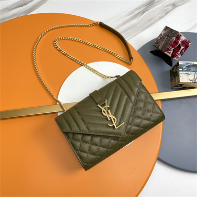 Y.S.L ENVELOPE SMALL IN QUILTED GRAIN DE POUDRE EMBOSSED LEATHER Gold Tone Metal Dk Green Color