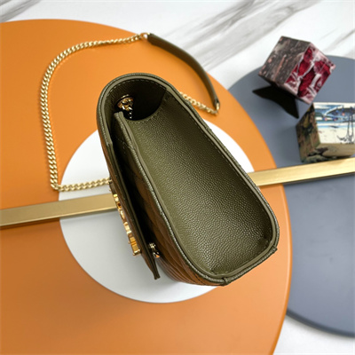 Y.S.L ENVELOPE SMALL IN QUILTED GRAIN DE POUDRE EMBOSSED LEATHER Gold Tone Metal Dk Green Color