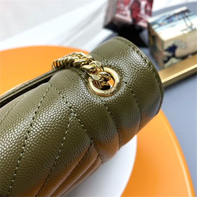 Y.S.L ENVELOPE SMALL IN QUILTED GRAIN DE POUDRE EMBOSSED LEATHER Gold Tone Metal Dk Green Color