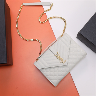 Y.S.L ENVELOPE MEDIUM IN QUILTED GRAIN DE POUDRE EMBOSSED LEATHER Gold Tone Metal White Color