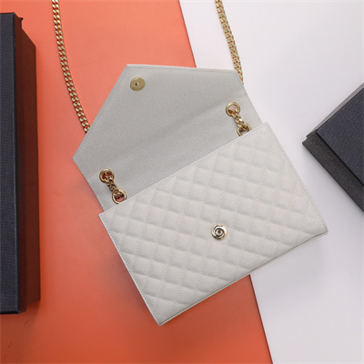 Y.S.L ENVELOPE MEDIUM IN QUILTED GRAIN DE POUDRE EMBOSSED LEATHER Gold Tone Metal White Color