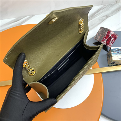 Y.S.L ENVELOPE MEDIUM IN QUILTED GRAIN DE POUDRE EMBOSSED LEATHER Gold Tone Metal Dk Green Color