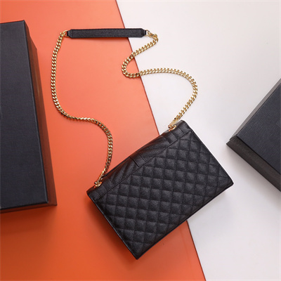 Y.S.L ENVELOPE MEDIUM IN QUILTED GRAIN DE POUDRE EMBOSSED LEATHER Gold Tone Metal Black Color