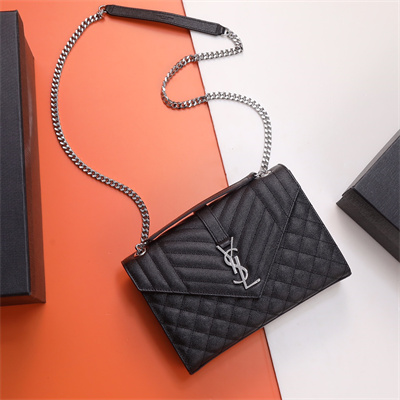 Y.S.L ENVELOPE MEDIUM IN QUILTED GRAIN DE POUDRE EMBOSSED LEATHER Silver Tone Metal Black Color
