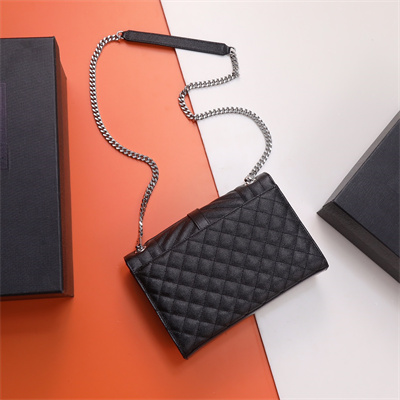 Y.S.L ENVELOPE MEDIUM IN QUILTED GRAIN DE POUDRE EMBOSSED LEATHER Silver Tone Metal Black Color