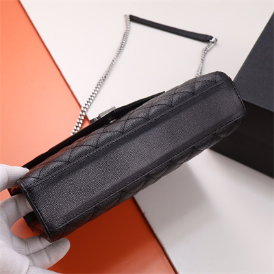 Y.S.L ENVELOPE MEDIUM IN QUILTED GRAIN DE POUDRE EMBOSSED LEATHER Silver Tone Metal Black Color