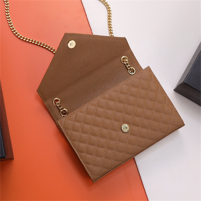 Y.S.L ENVELOPE MEDIUM IN QUILTED GRAIN DE POUDRE EMBOSSED LEATHER Gold Tone Metal Caramel Color