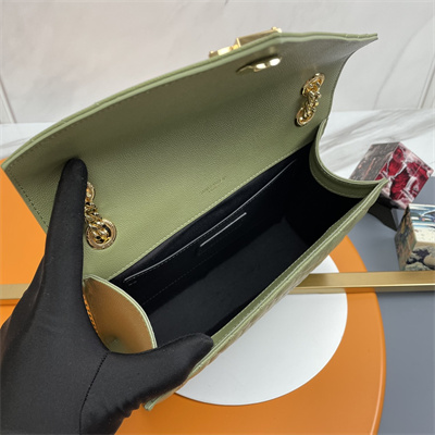 Y.S.L ENVELOPE MEDIUM IN QUILTED GRAIN DE POUDRE EMBOSSED LEATHER Gold Tone Metal Green Color