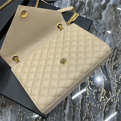 Y.S.L ENVELOPE MEDIUM IN QUILTED GRAIN DE POUDRE EMBOSSED LEATHER Gold Tone Metal Beige Color