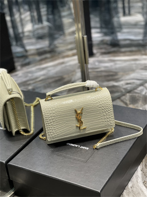 Y.S.L Sunset Chain Wallet In Crocodile Embossed Leather Gold Tone Metal White Color