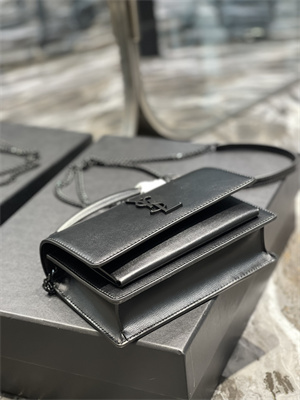 Y.S.L Sunset Chain Wallet In Smooth Leather Black Tone Metal Black Color