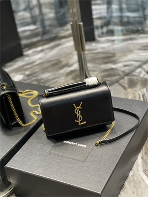Y.S.L Sunset Chain Wallet In Smooth Leather Gold Tone Metal Black Color