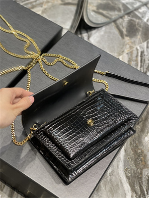 Y.S.L Sunset Chain Wallet In Crocodile Embossed Leather Gold Tone Metal Black Color