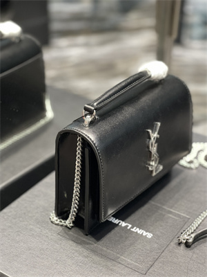 Y.S.L Sunset Chain Wallet In Smooth Leather Silver Tone Metal Black Color