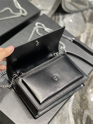 Y.S.L Sunset Chain Wallet In Smooth Leather Silver Tone Metal Black Color