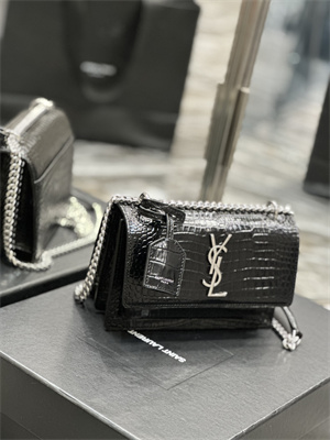 Y.S.L Sunset Small Bag In Crocodile Embossed Leather Silver Tone Metal Black Color